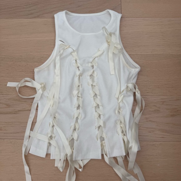 Lace-Up Ribbed Tank Top - White - Picture 2 of 2